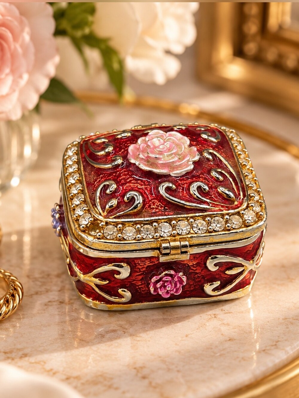 Jeweled Enamel Red Rose Trinket Box Keepsake Pill Box Magnetic